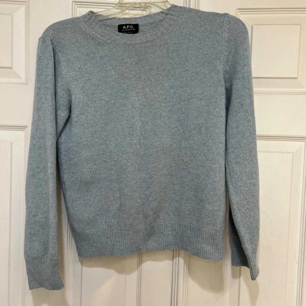 A.P.C Women’s Blue Wool Cotton Micro Puff Sleeve Crew‎ Neck Sweater Medium
